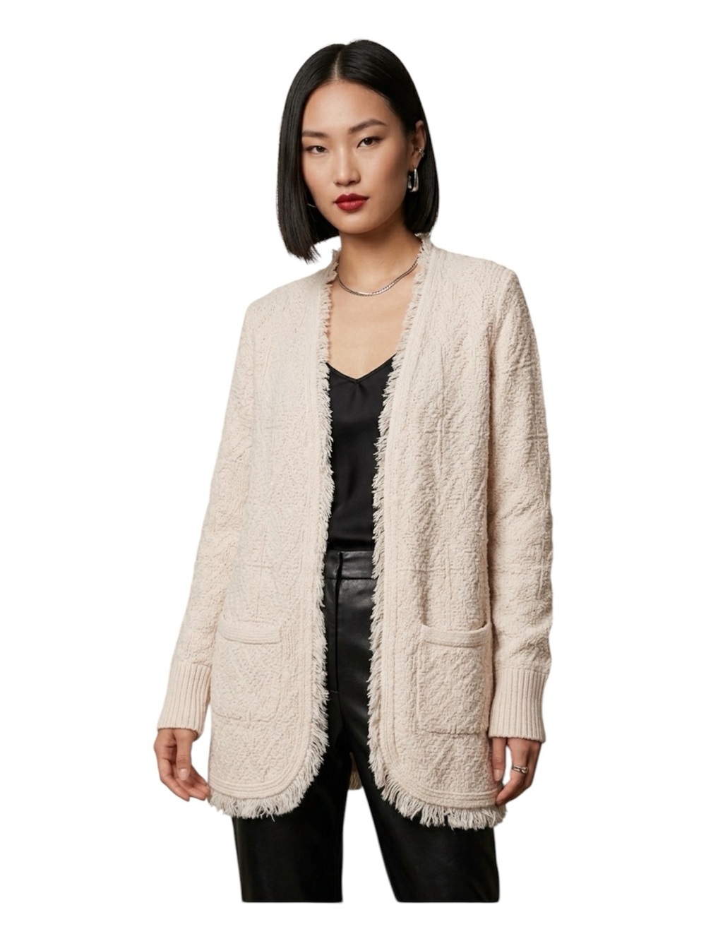 Banana Republic Women's Beige Knit V-Neck Open Fringe Pocket Cardigan Sweater M